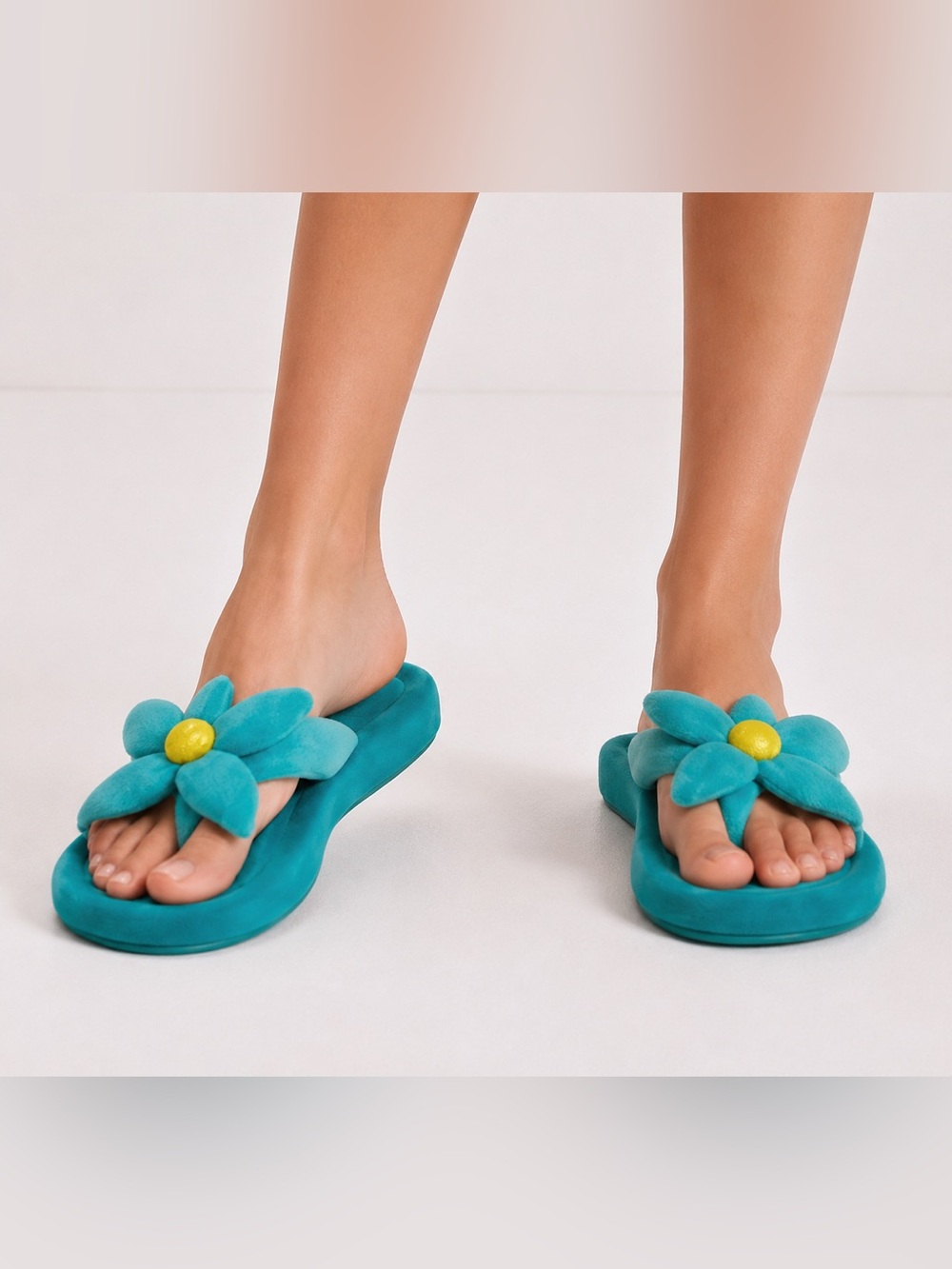 Susie Moonlite Plush Floral Slide Slippers Aqua Blue Soft Cozy House Shoes M 7/8